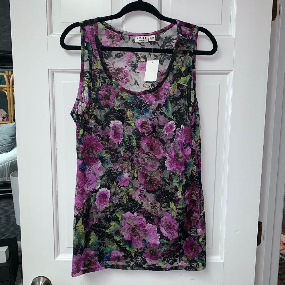 CATO Black & Purple Floral Print Sheer Tank Top